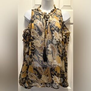 Umgee Floral Ruffle Cold Sheer Shoulder Blouse - Gold and Black